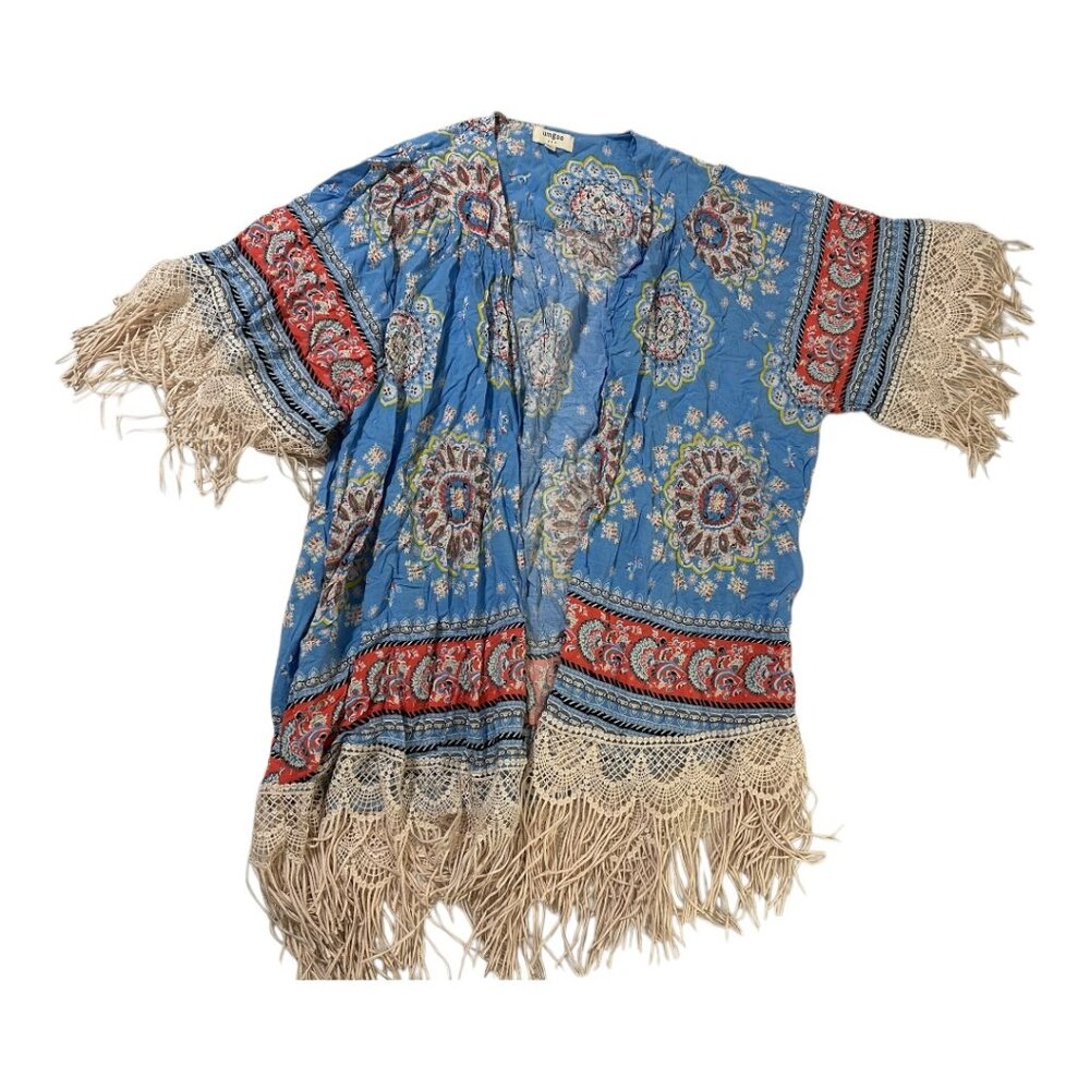 Umgee | Boho Kimono | Blue Multicolor | Fringe Trim | Size M/L